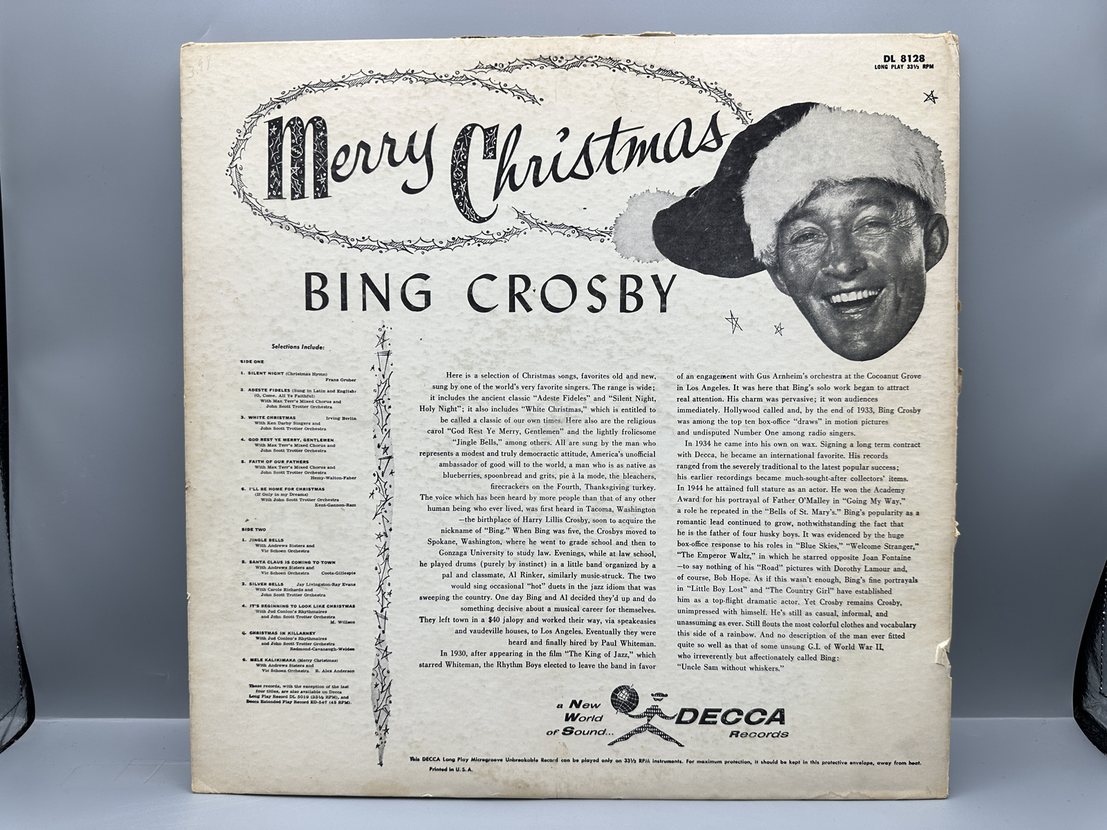 1955 Decca Records Bing Crosby Merry Christmas Vinyl Album - DL 8128