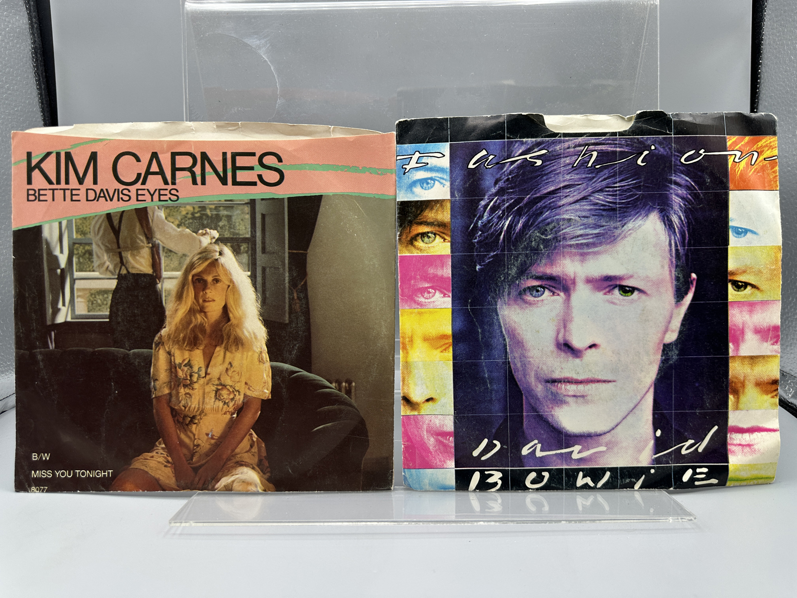 Lot of (2) 1980s 7-Inch Vinyl Singles by David Bowie and Kim Carnes with Original Picture Sleeves