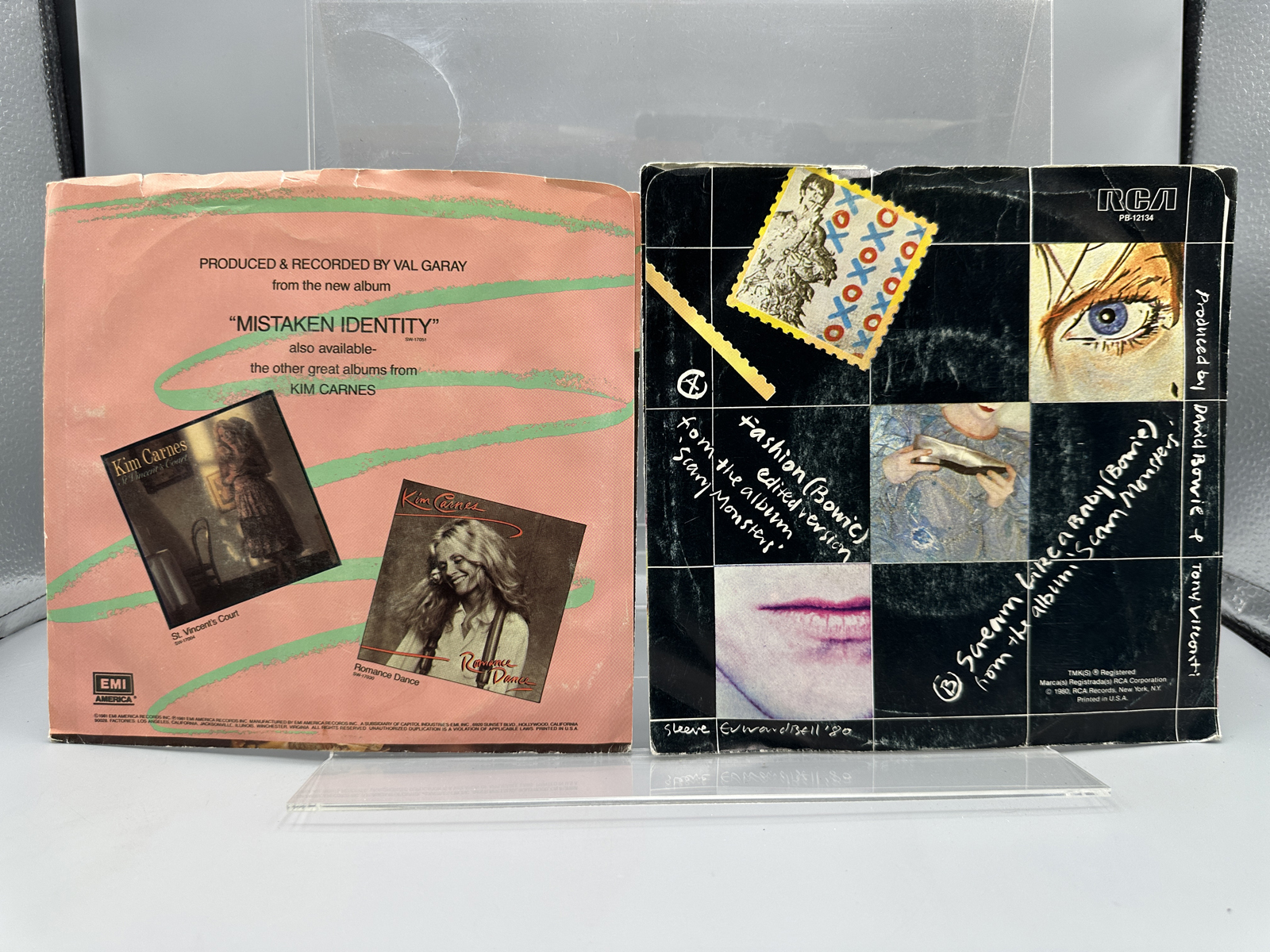 Lot of (2) 1980s 7-Inch Vinyl Singles by David Bowie and Kim Carnes with Original Picture Sleeves