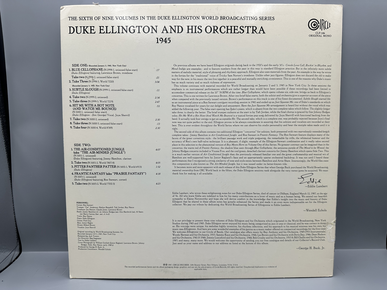 1987 Circle Records Duke Ellington and His Orchestra "1945 Volume 1" Vinyl Album - CLP-106