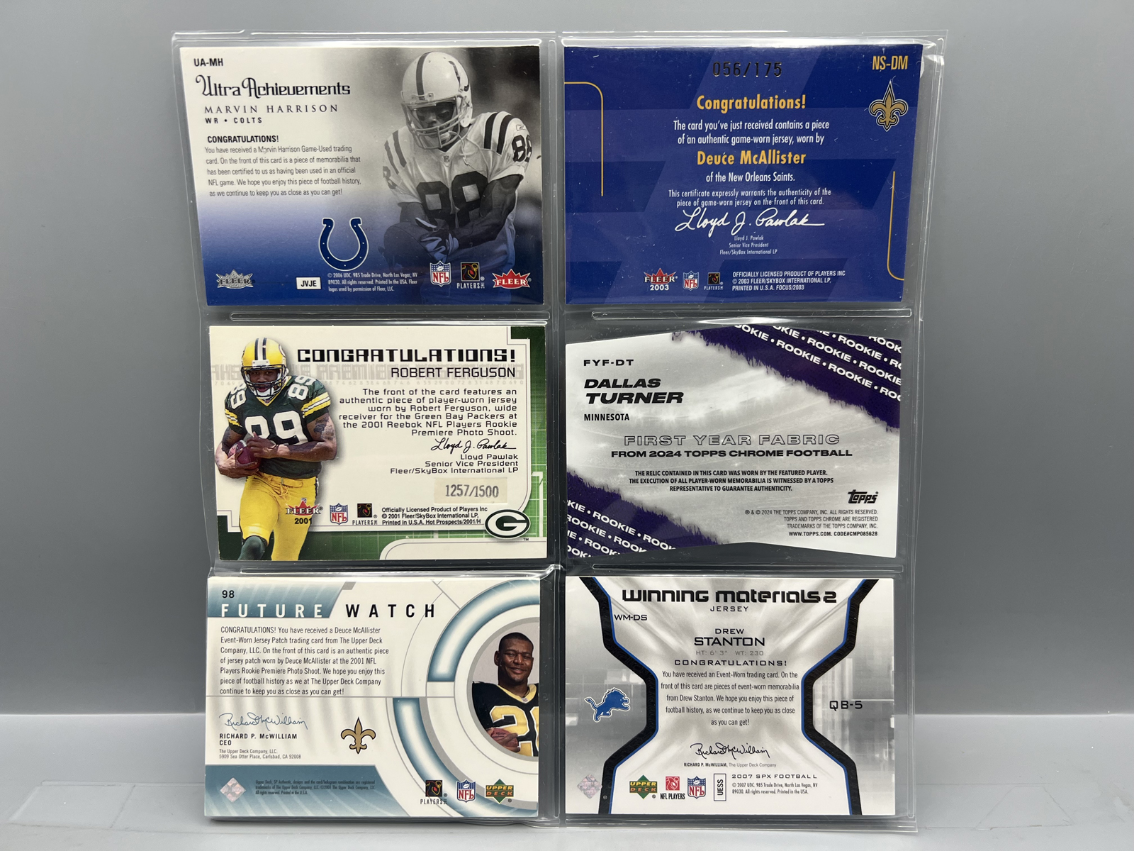 (6) Assorted Football Jersey Relic Cards W/ Marvin Harrison