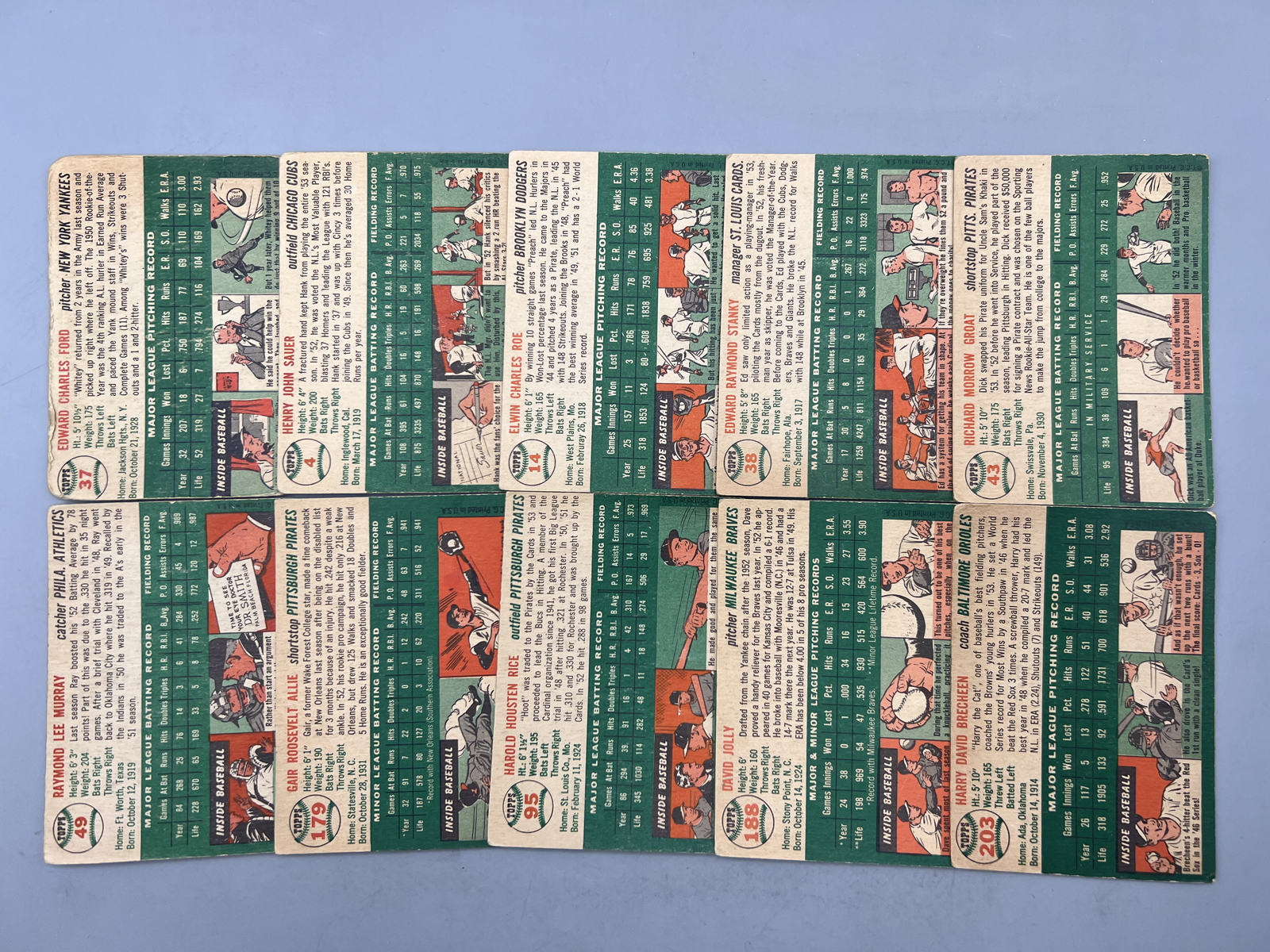 (10) 1954 Topps Baseball Cards W/ Whitey Ford (Poor condition) - Varying Conditions
