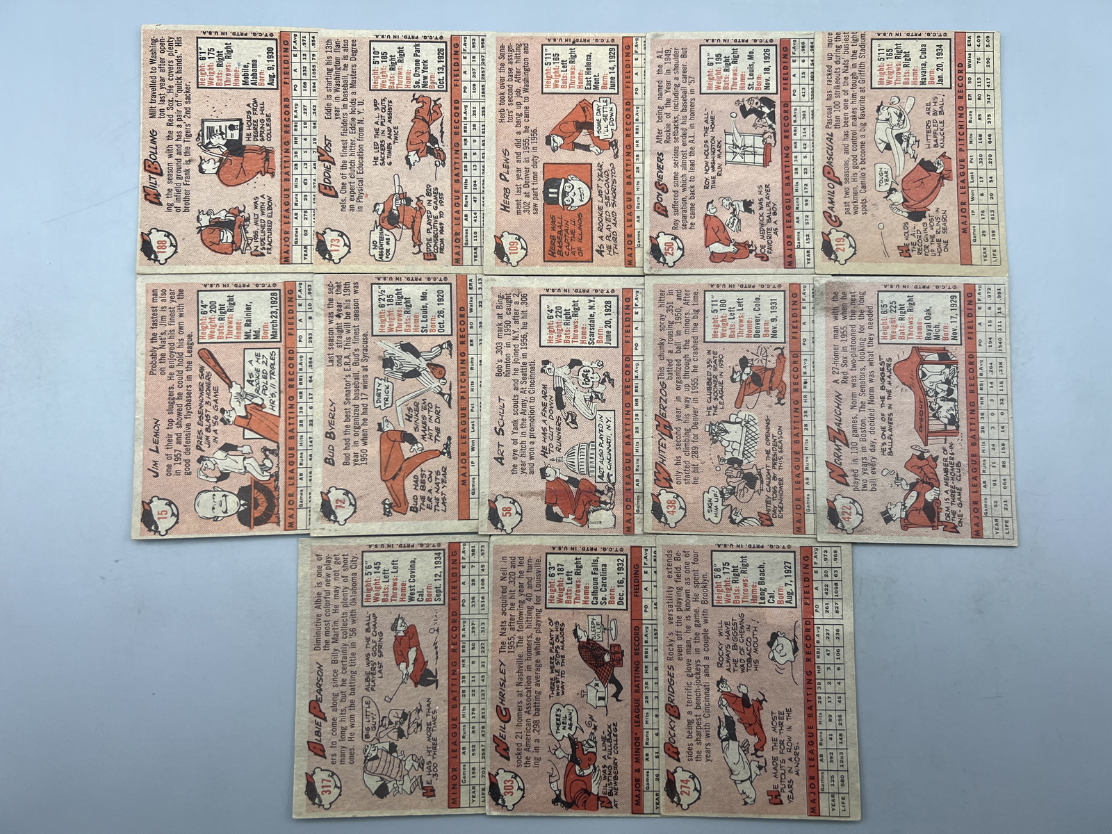 (13) 1958 Topps Washington Senators Baseball Cards - Varying Conditions
