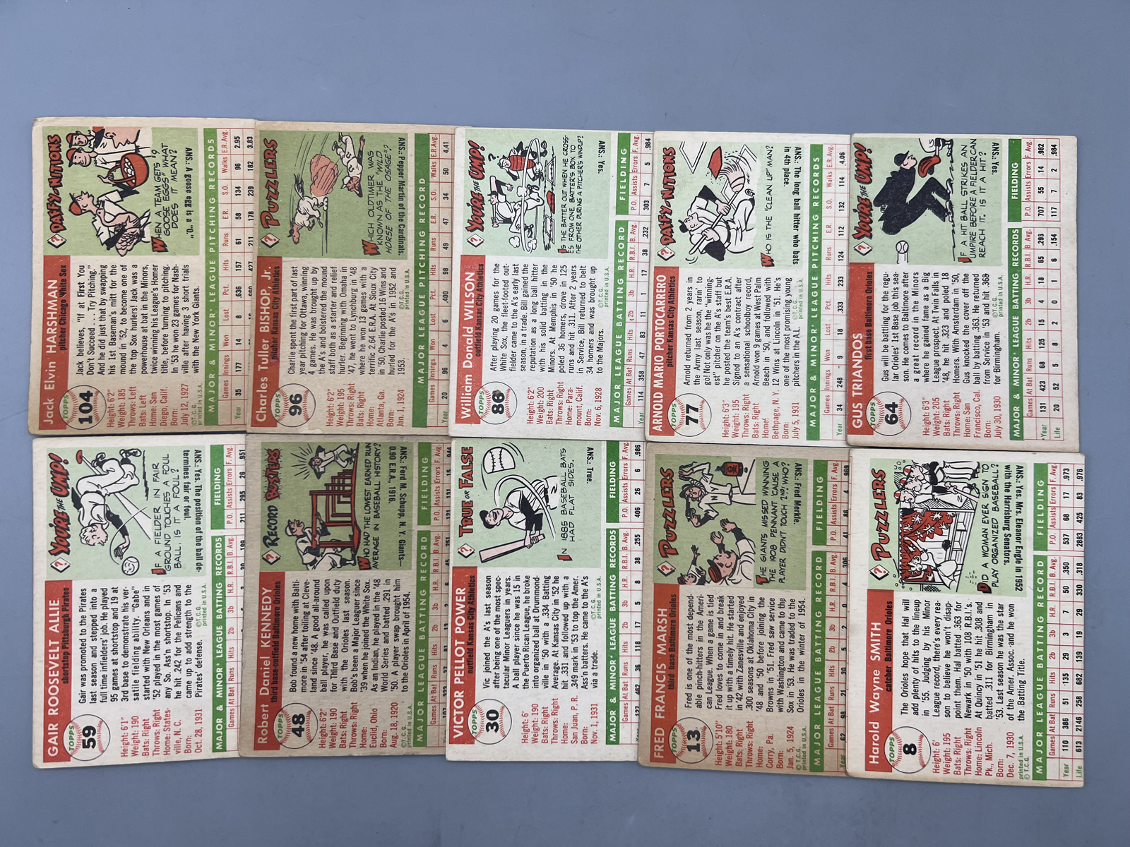 (10) 1955 Topps Baseball Cards - Varying Conditions