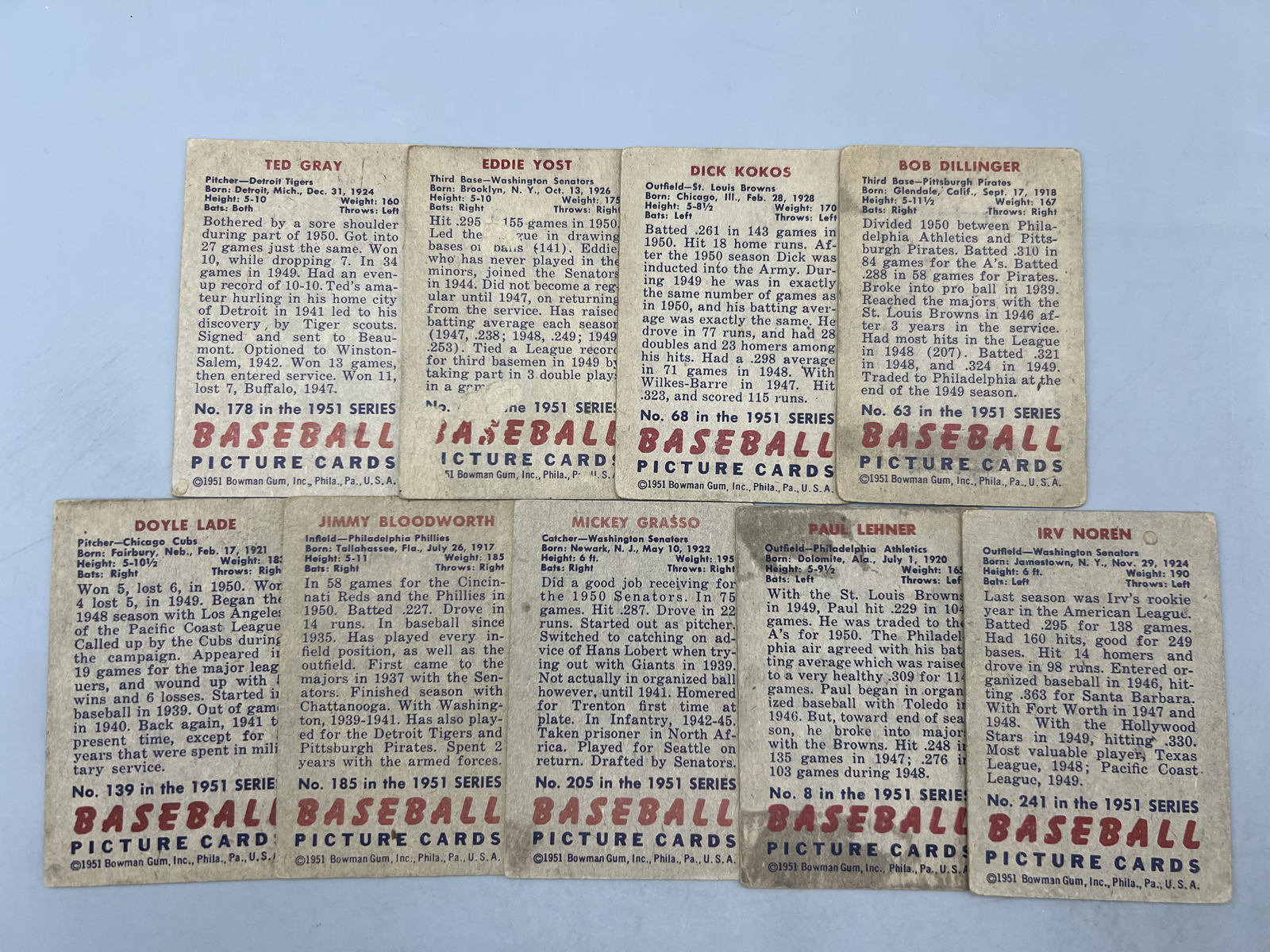 (9) 1951 Bowman Baseball Cards -Varying Conditions