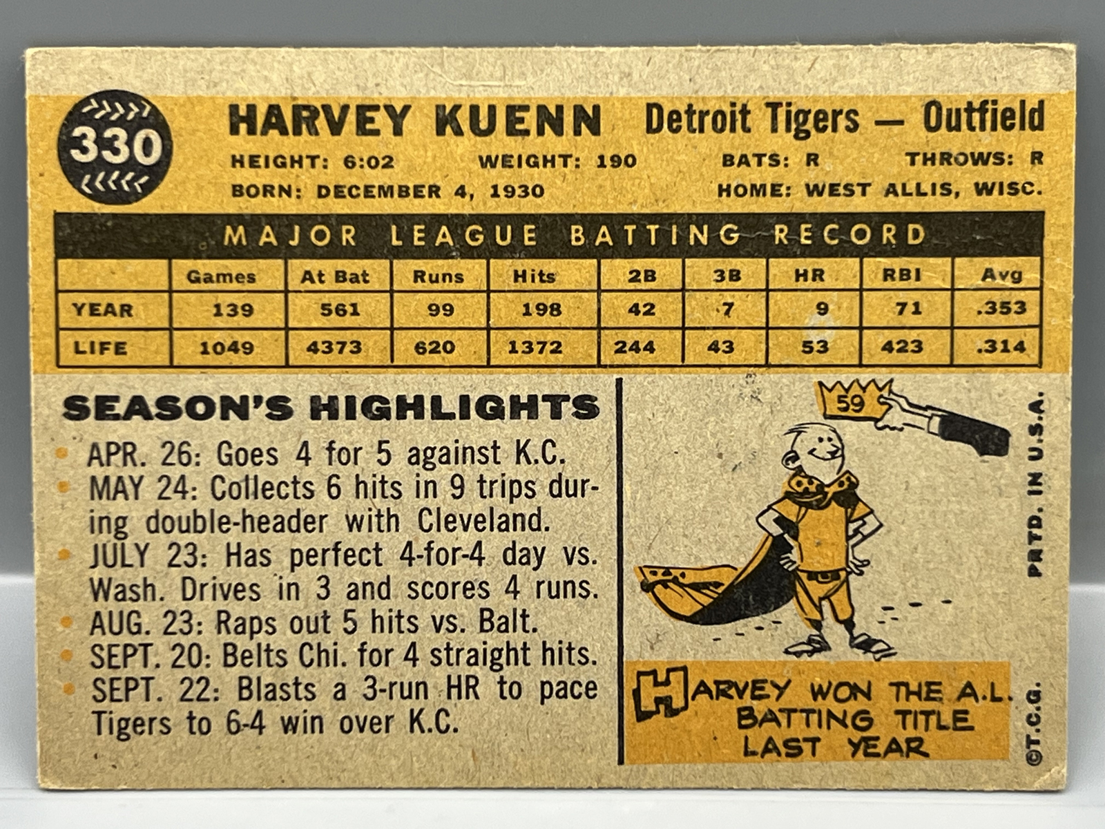 1960 Topps Harvey Kuenn #330