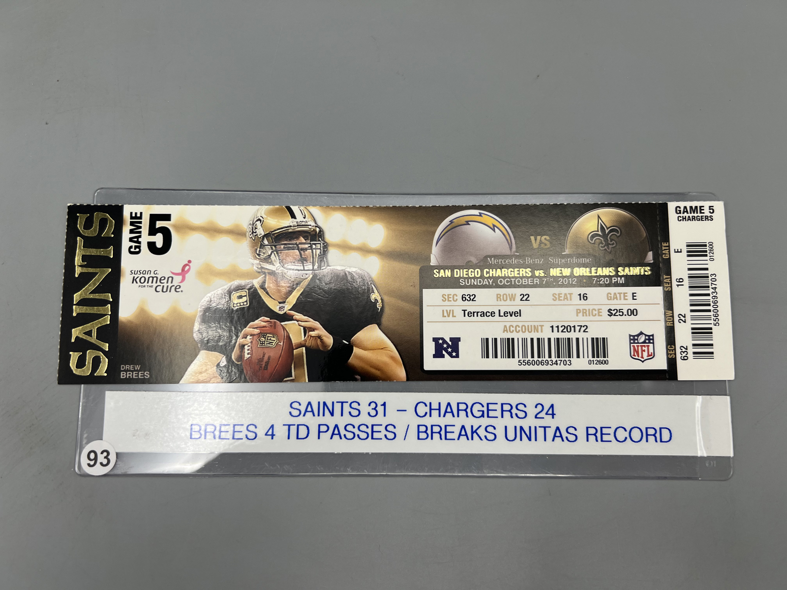 October 7th, 2012 New Orleans Saints Vs. San Diego Chargers Ticket - Drew Brees Breaks Unitas's Game TD Streak