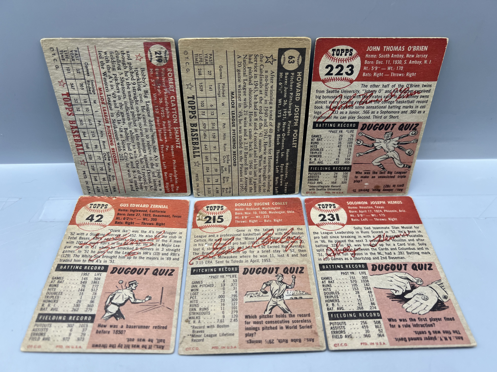 (6) 1952 & 1953 Topps Baseball Cards W/ Solly Hemus & John O'Brien High Numbers #223 & #231