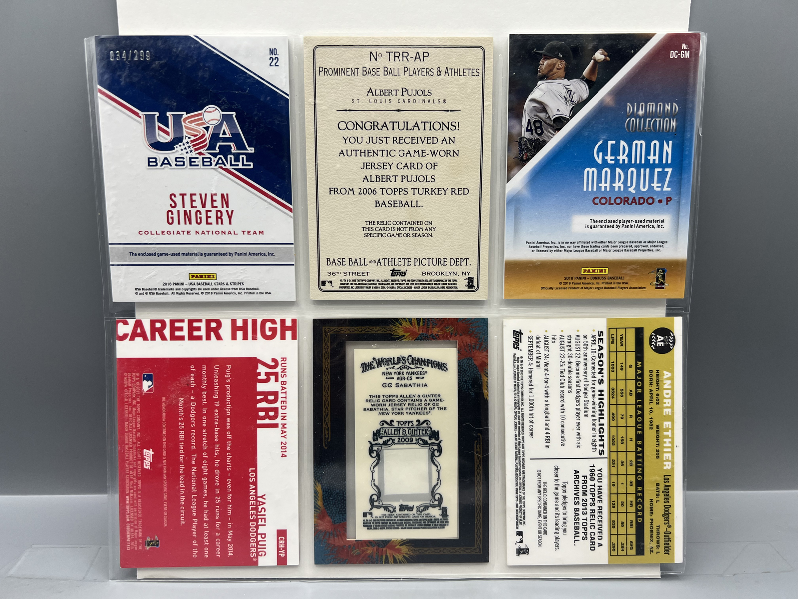 (6) Assorted Baseball Jersey Relic Cards W/ Albert Pujols