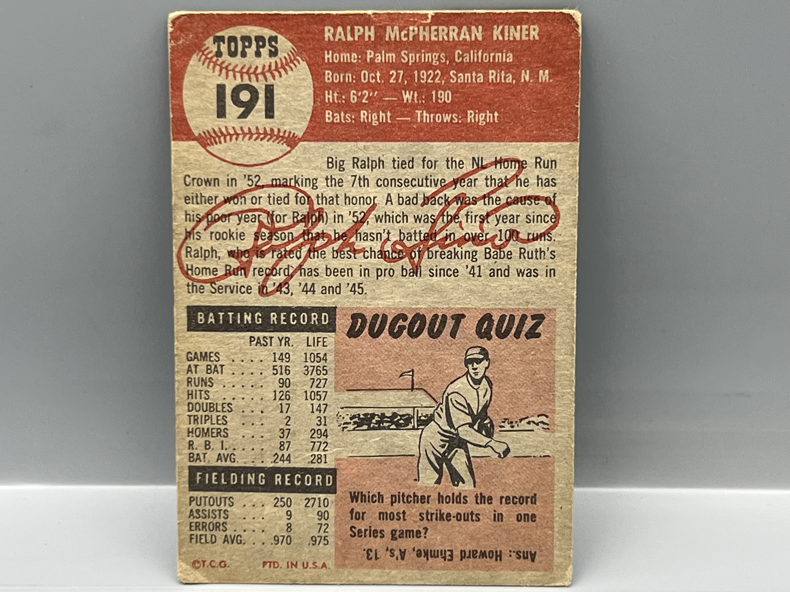 1953 Topps Ralph Kiner #191