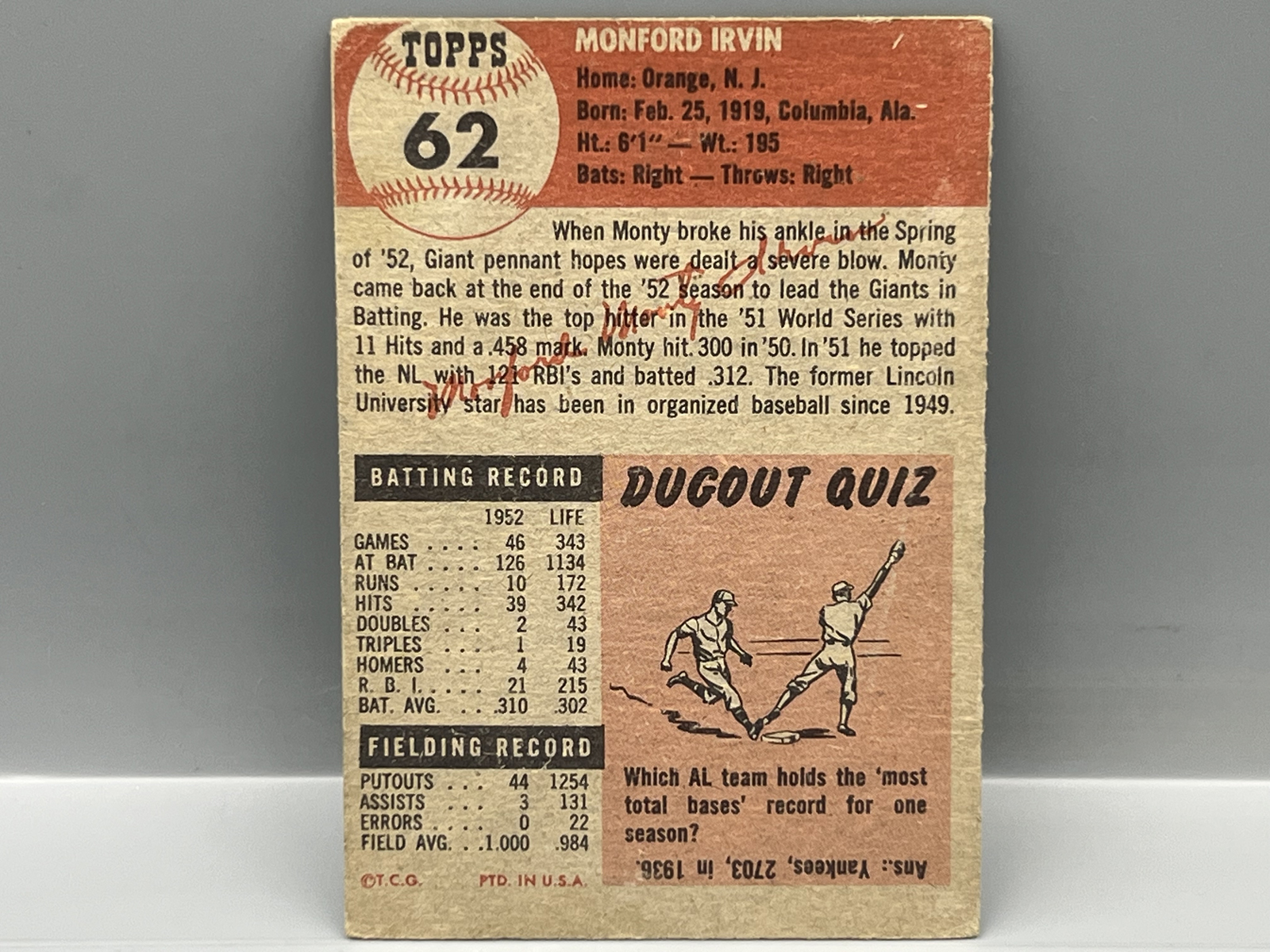 1953 Topps Monte Irvin #62