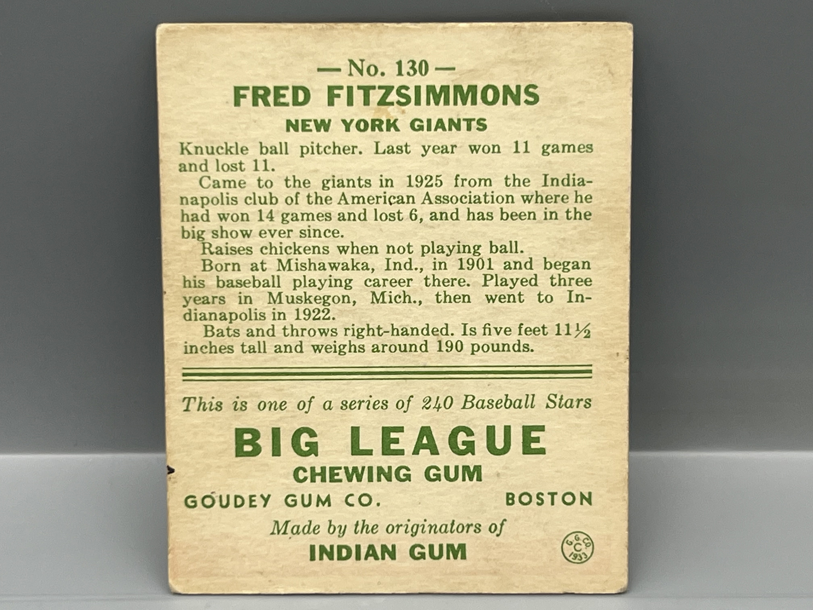 1933 Goudey Fred Fitzsimmons #130