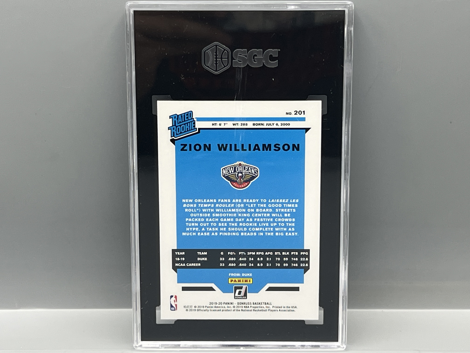 2019-20 Panini Donruss Zion Williamson RC #201 SGC Mint+ 9.5