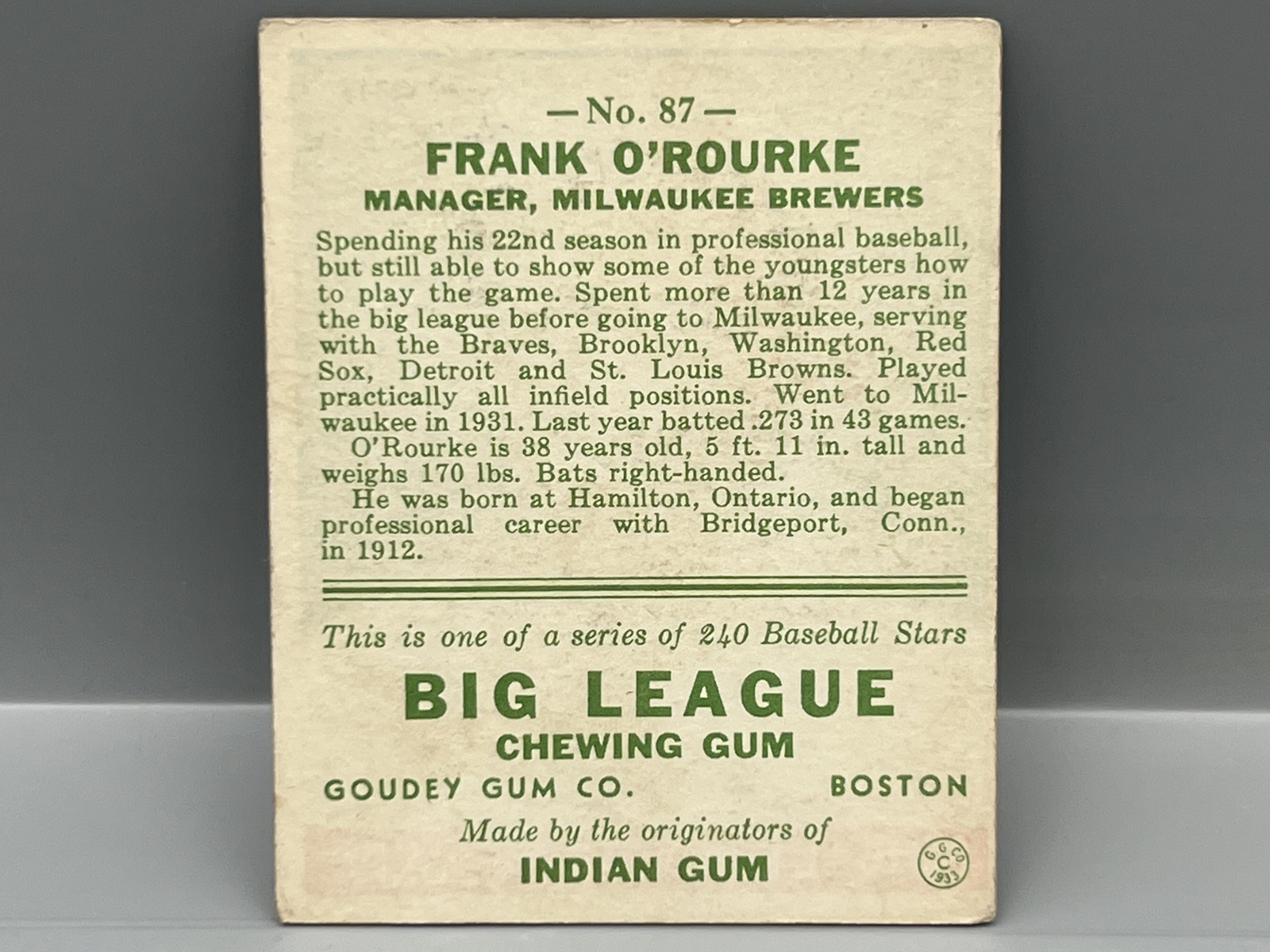 1933 Goudey Frank O'Rourke #87