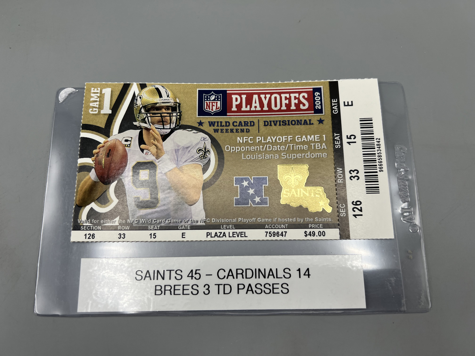 2009 NFC Divisional New Orleans Saints Vs. Arizona Cardinals Ticket - Brees 3 TDs, Kurt Warner Final Game