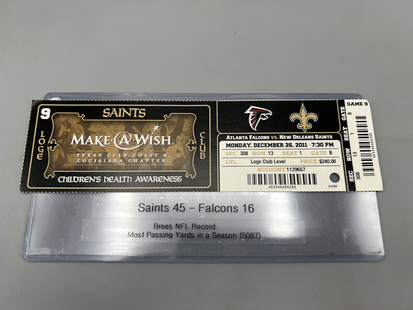 December 26th, 2011 New Orleans Saints Vs. Atlanta Falcons Ticket - Brees Breaks Marino's Record For Most Passing Yards In A Season