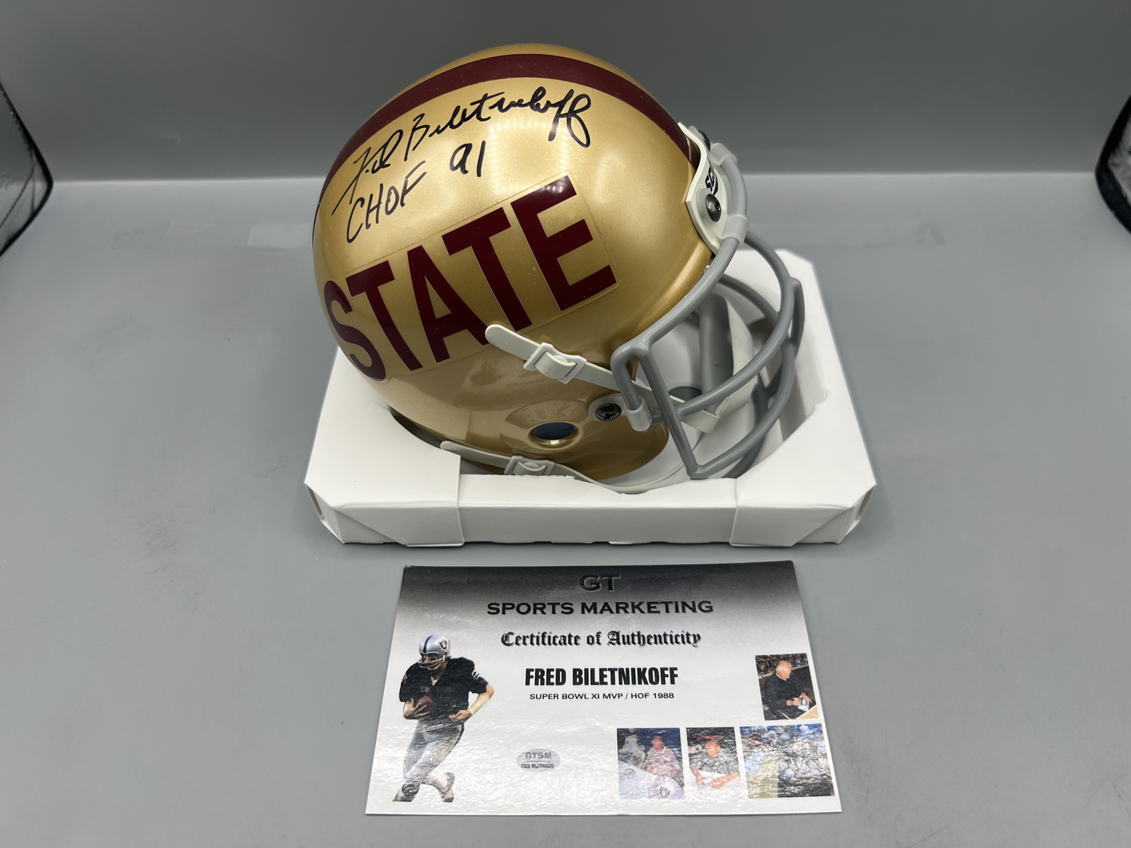 Fred Biletnikoff Florida State Seminoles Autographed Mini Helmet W/ "CHOF 91" Inscription - Includes a COA from a company unfamiliar to the 