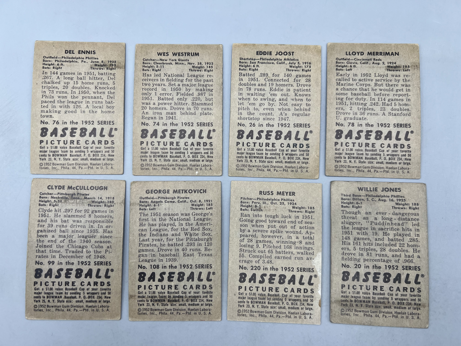 (8) 1952 Bowman Baseball Cards - Varying Conditions