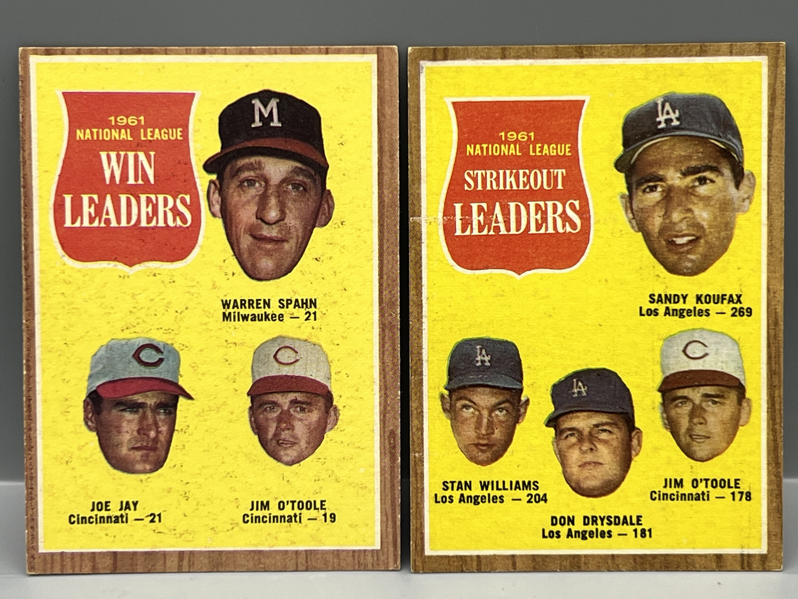 1962 Topps NL Win Leaders Spahn/Jay/O'Toole #58 & NL Strikeout Leaders Koufax/Williams/Drysdale/O'Toole #60