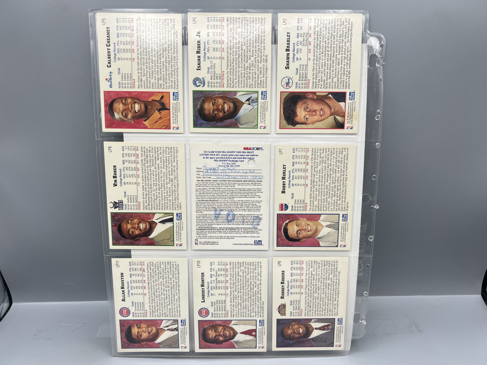 (9) 1993 Hoops NBA Draft Lottery Basketball Rookie Cards W/ Exchange Card - Cheaney, Bradley, Vin Baker