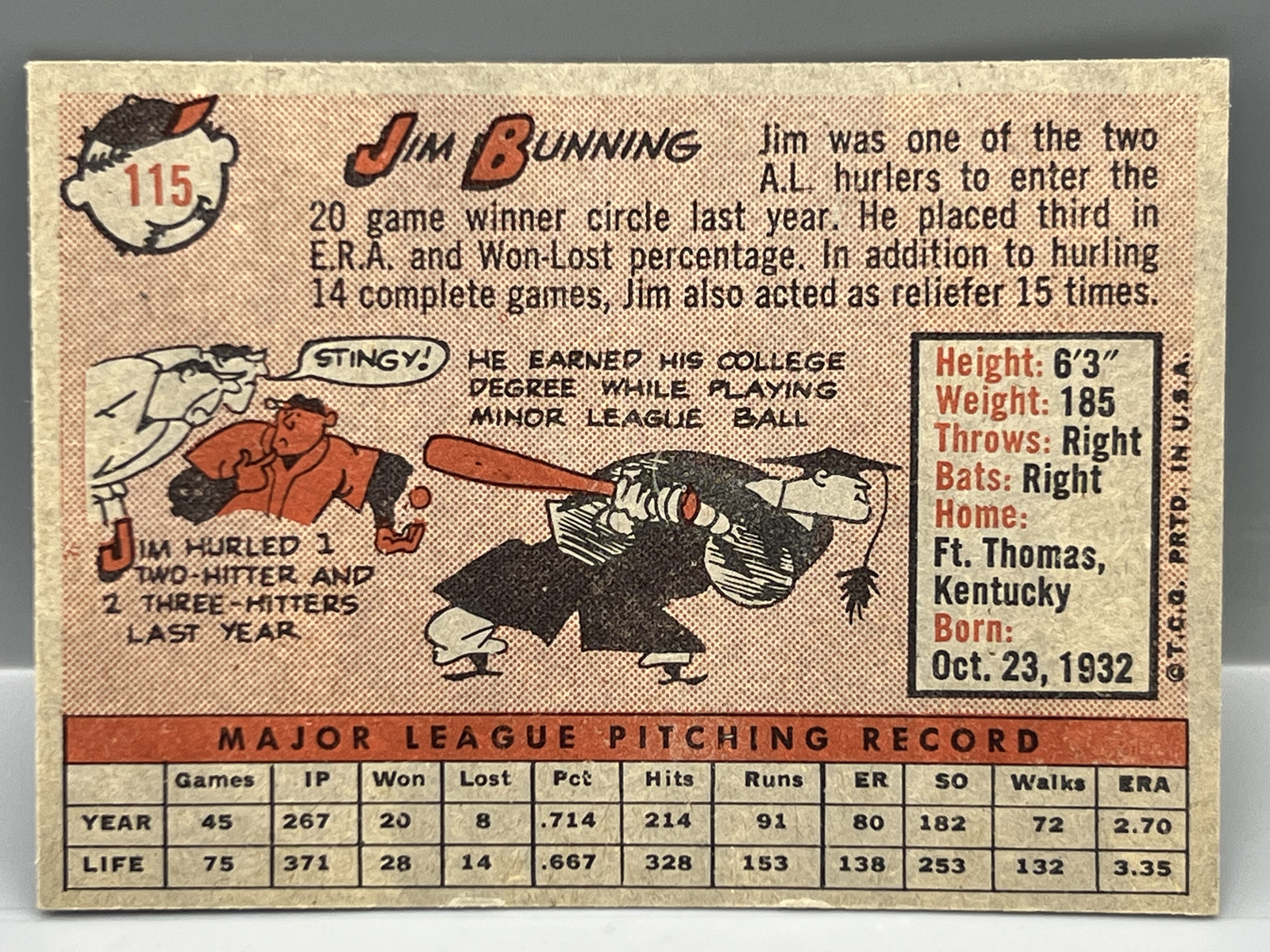 1958 Topps Jim Bunning 2nd Year #115