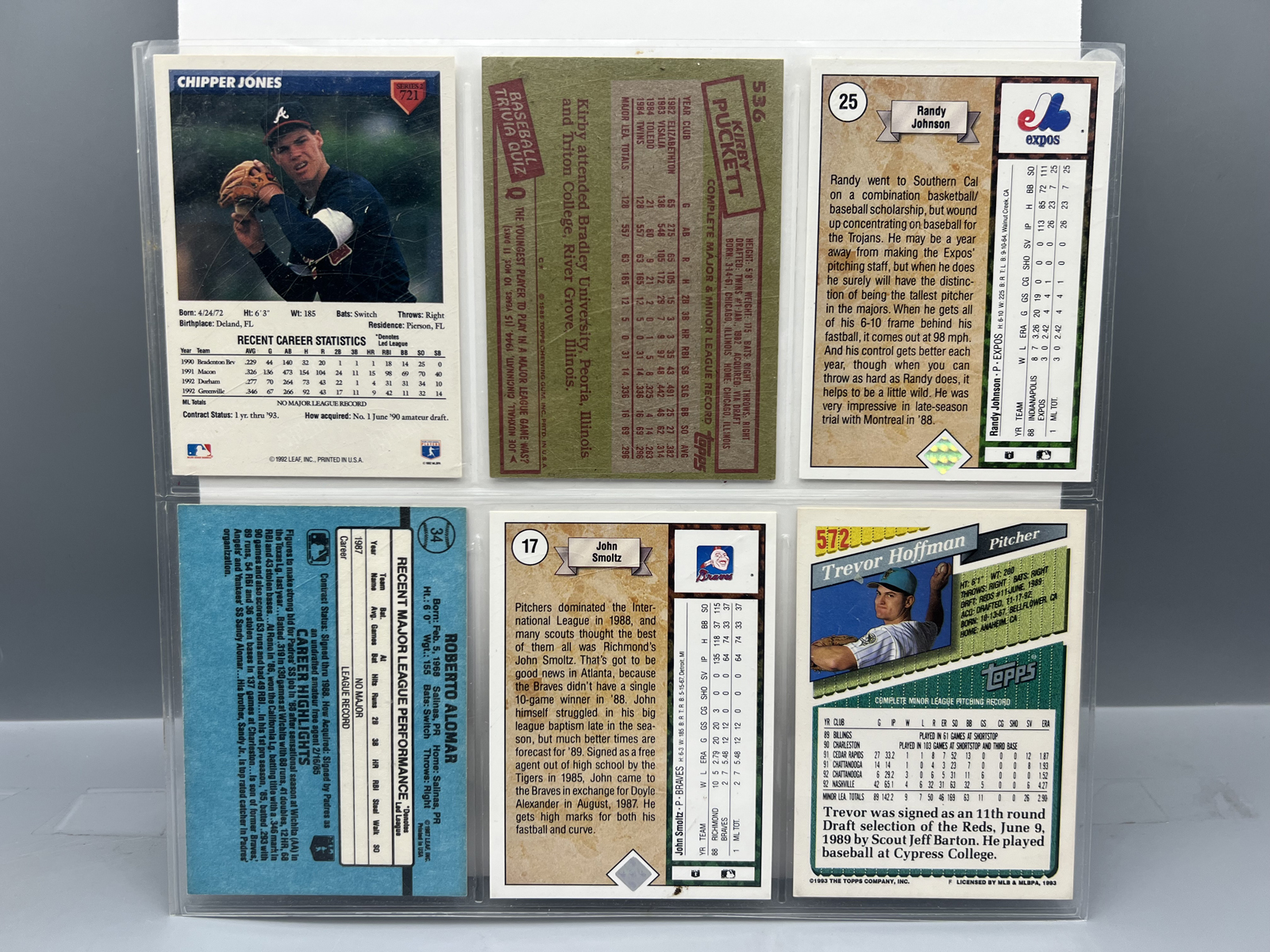 (6) 1980s & 90s Baseball Rookie/Prospect Cards - Randy Johnson, John Smoltz, Kirby Puckett