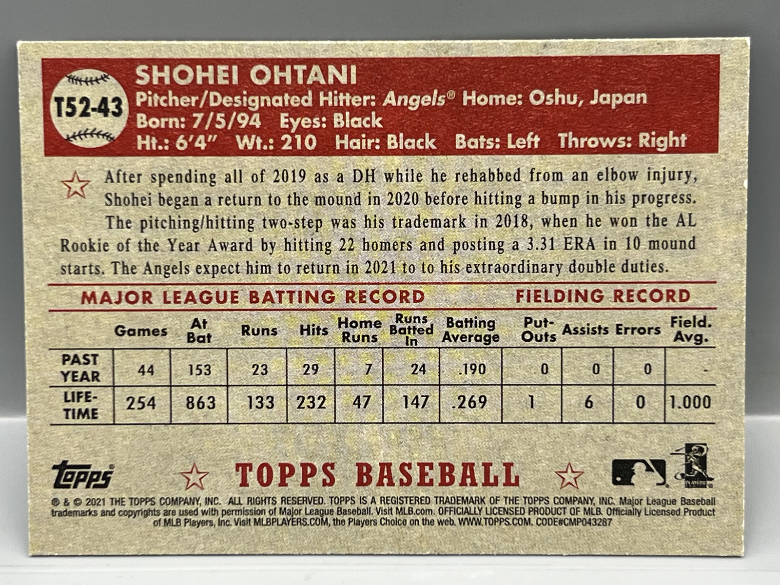 2021 Topps Shohei Ohtani '52 Throwback #T52-43