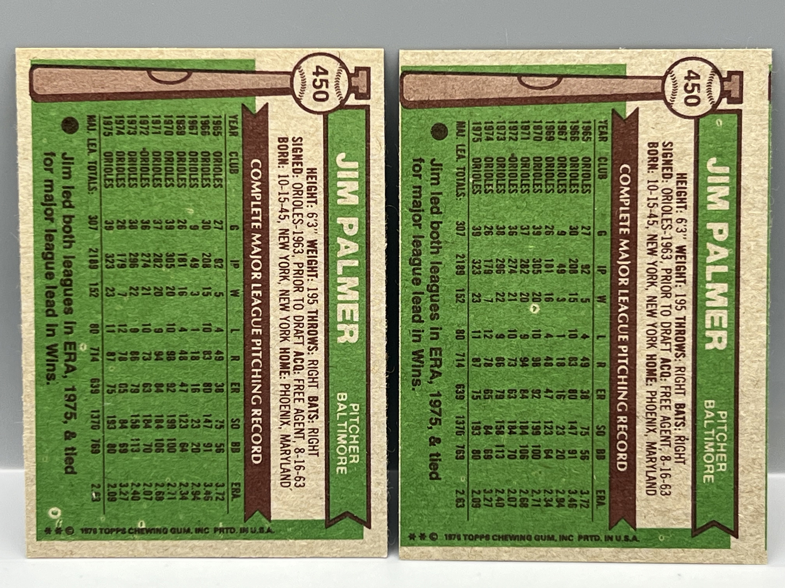 (2) 1976 Topps Jim Palmer #450