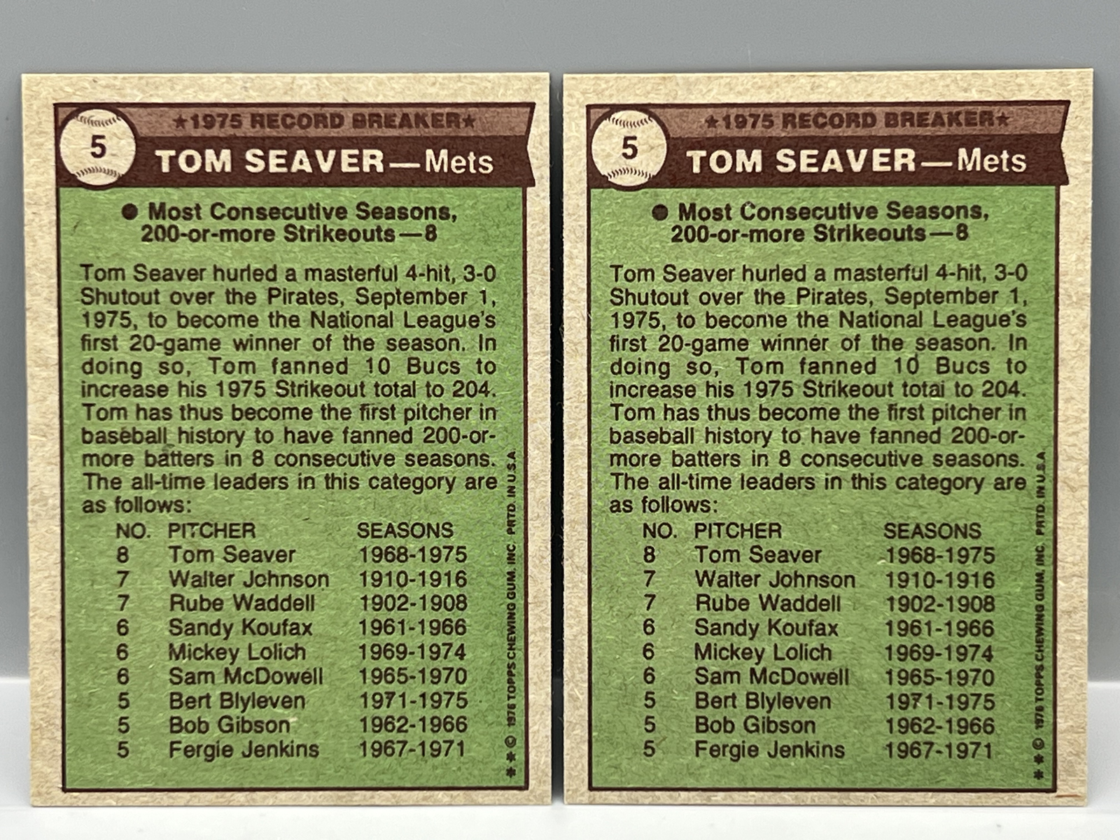 (2) 1976 Topps Tom Seaver Record Breaker #5