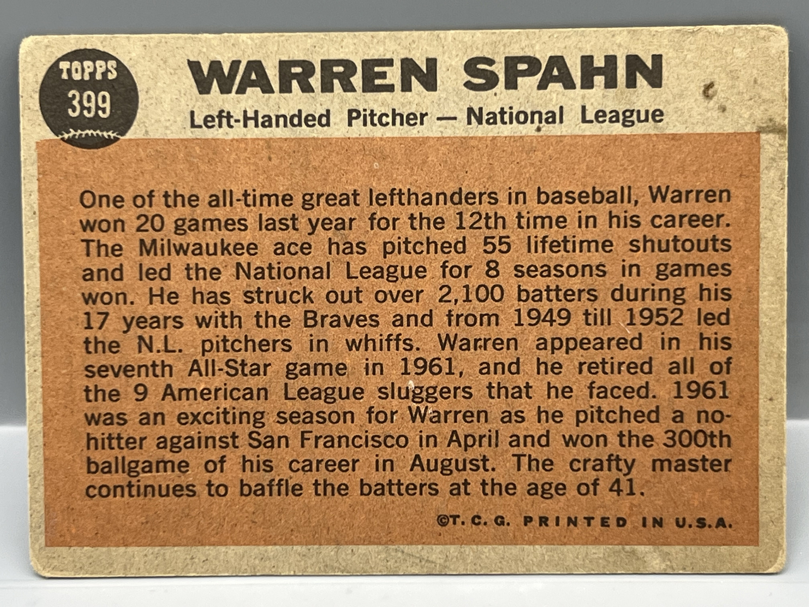 1962 Topps Warren Spahn All Star #399