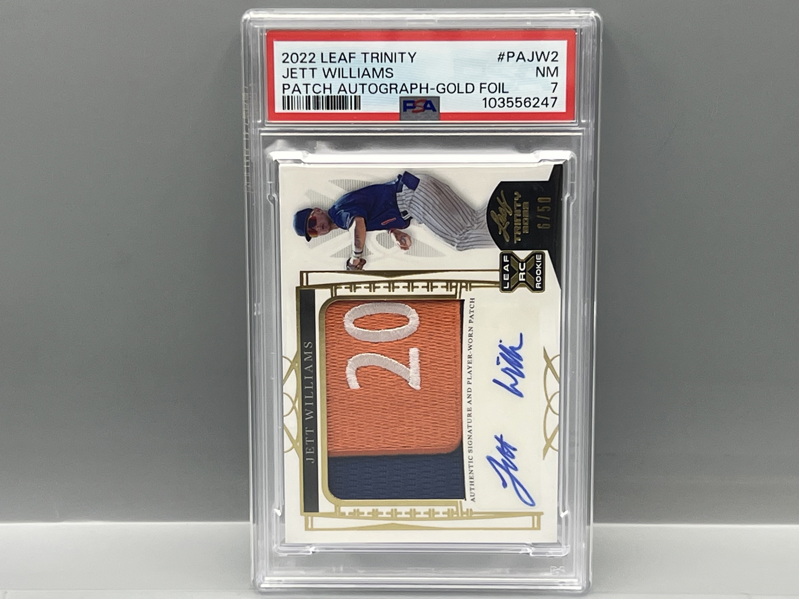 2022 Leaf Trinity Jett Williams Gold Foil Rookie Patch Auto #/50 PSA NM 7