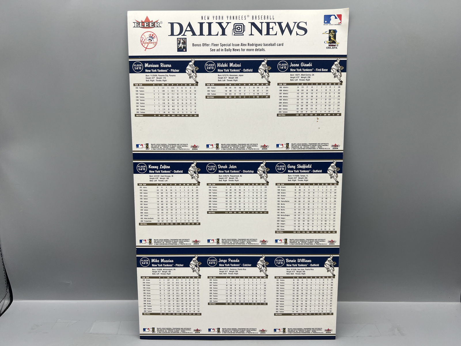 2004 Fleer Tradition New York Yankees Baseball Uncut Sheet