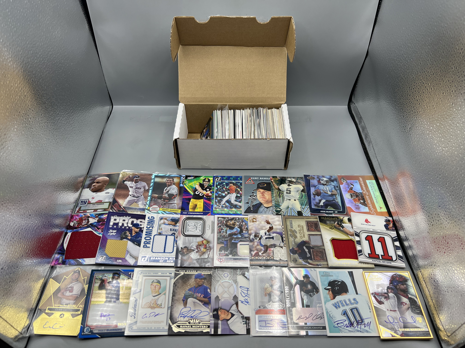 Box of (150) Assorted Basketball, Baseball, & Football Serial Numbered, Relic, & Auto Cards W/ Many Stars