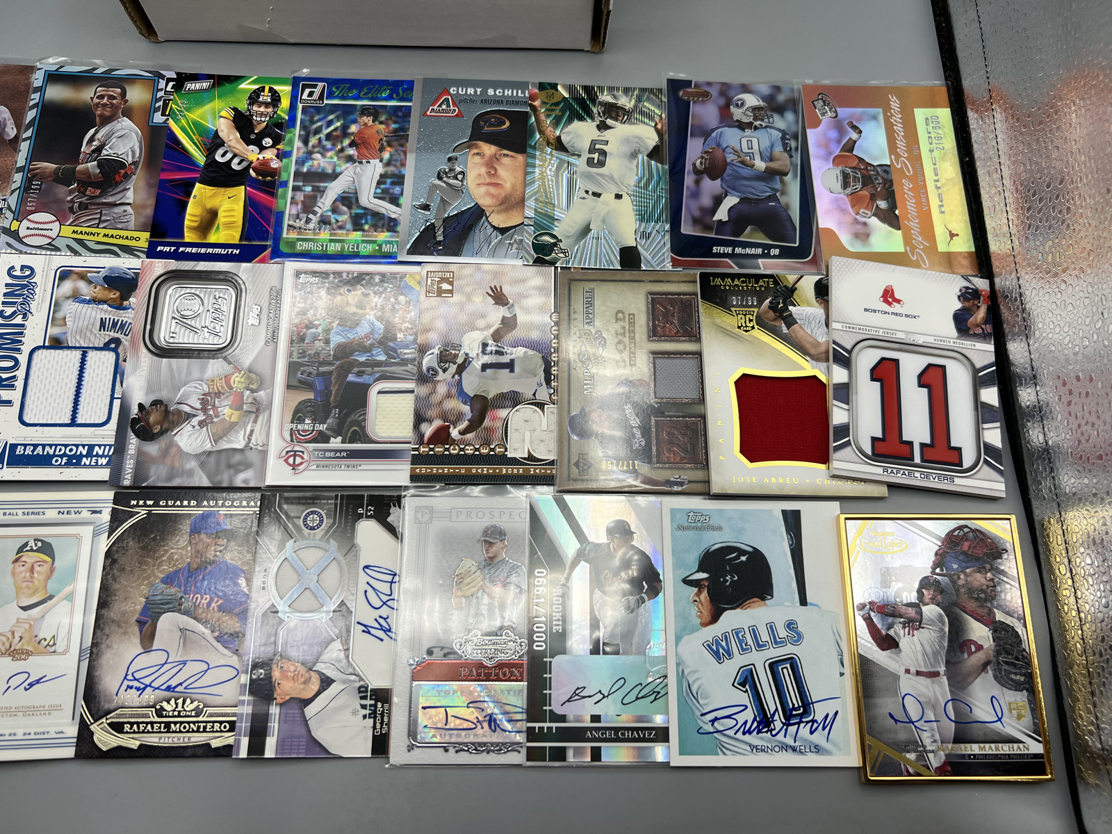 Box of (150) Assorted Basketball, Baseball, & Football Serial Numbered, Relic, & Auto Cards W/ Many Stars