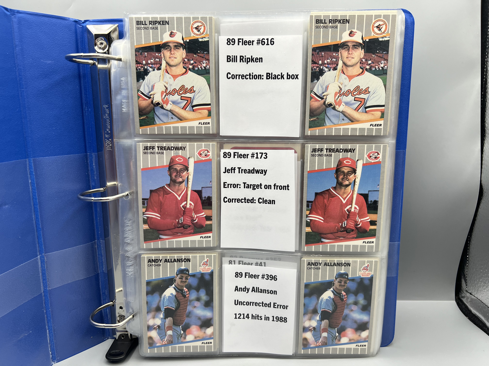 Binder of Assorted Multi-Sport Error/Variation Cards W/ 1989 Fleer Bill Ripken FF Black Box & Treadway Target Error
