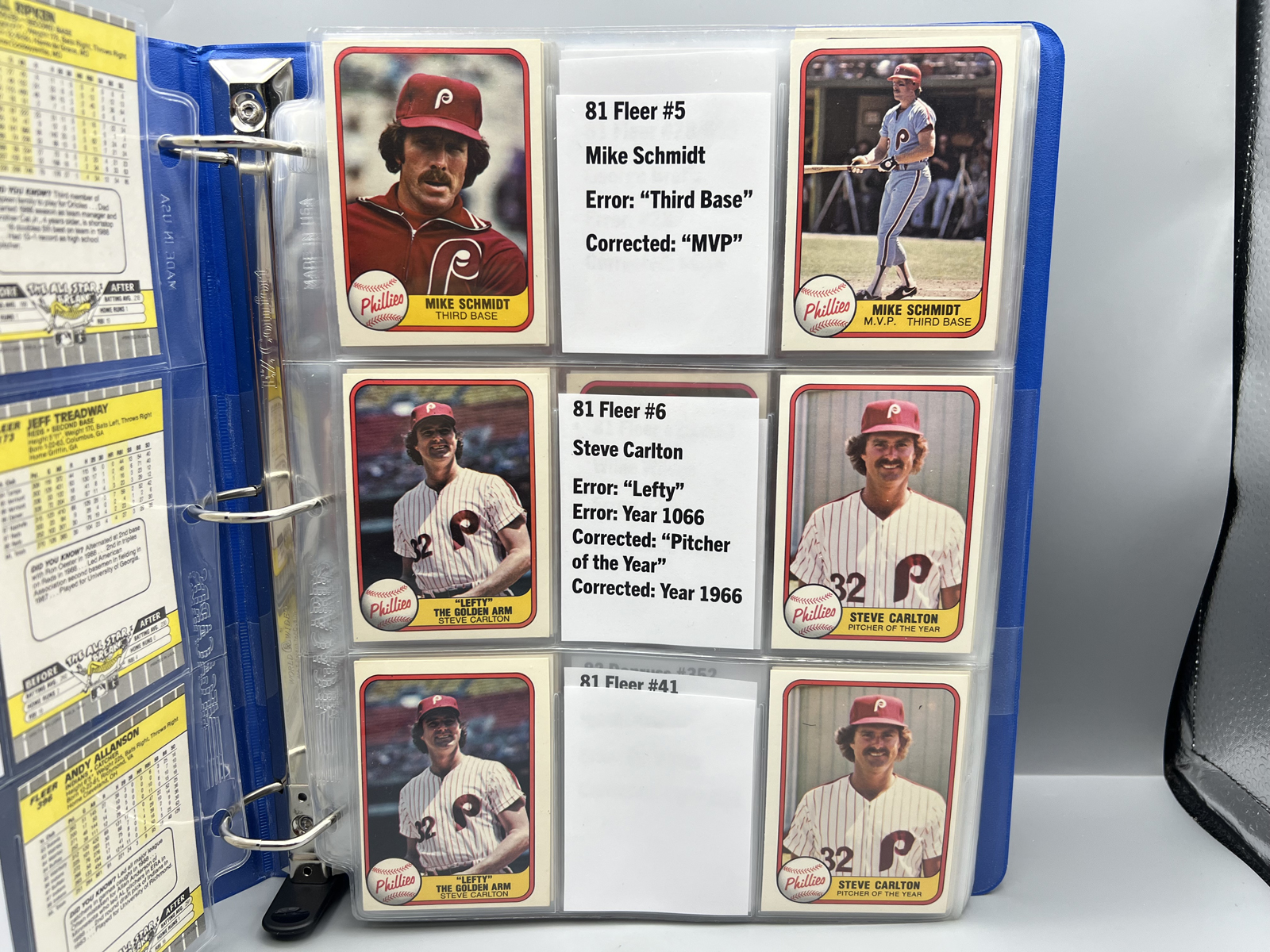 Binder of Assorted Multi-Sport Error/Variation Cards W/ 1989 Fleer Bill Ripken FF Black Box & Treadway Target Error