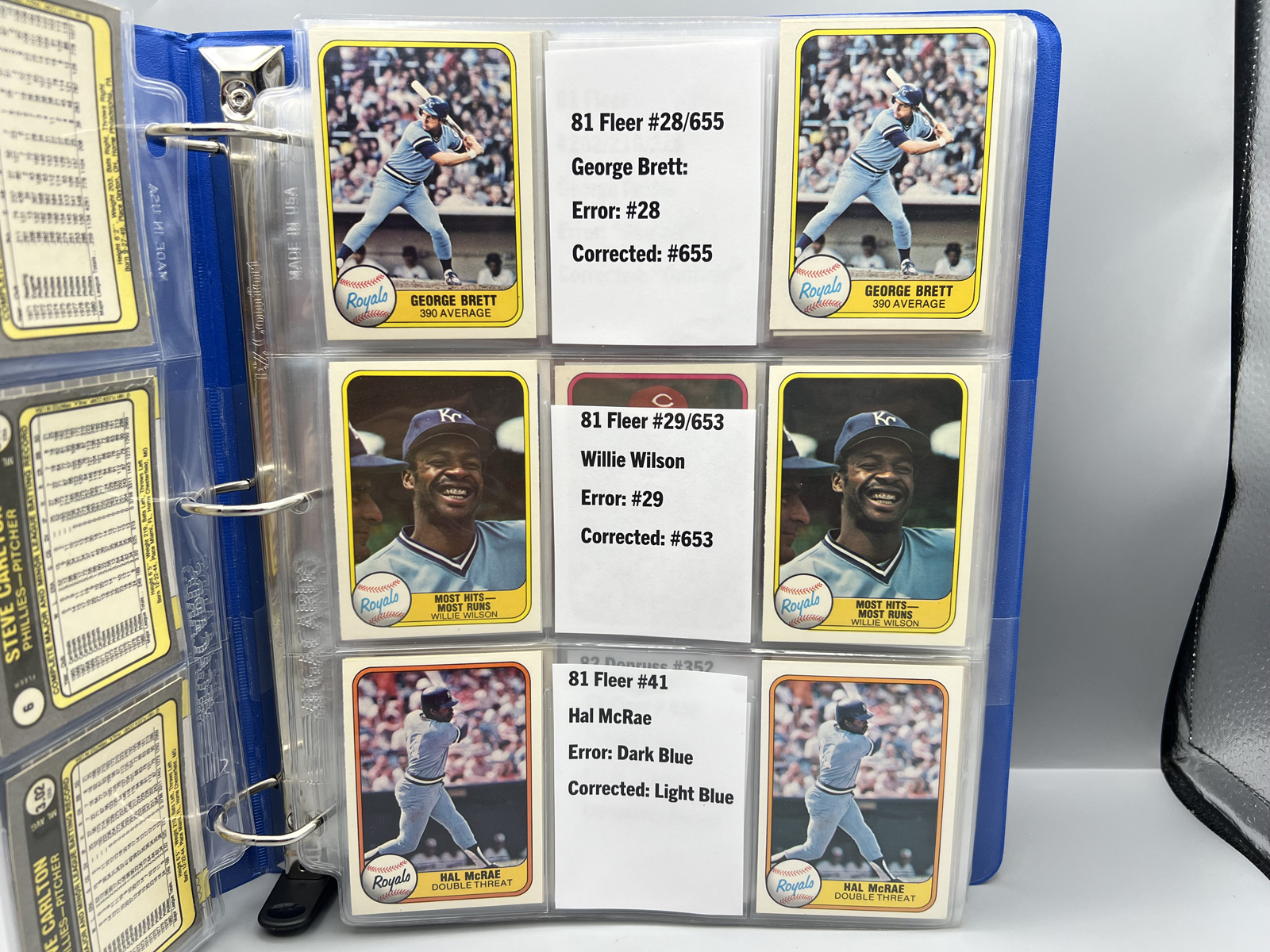 Binder of Assorted Multi-Sport Error/Variation Cards W/ 1989 Fleer Bill Ripken FF Black Box & Treadway Target Error