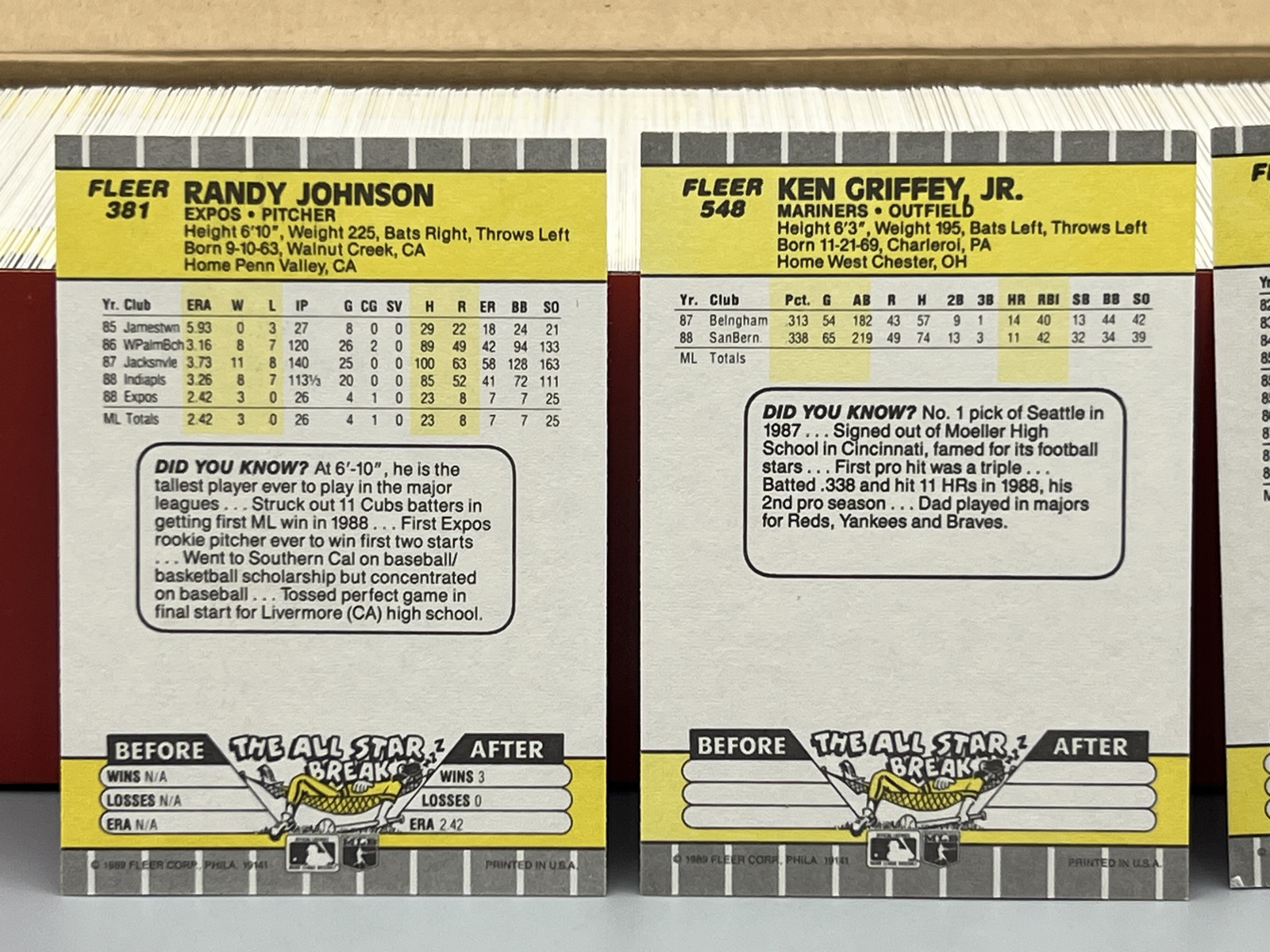 1989 Fleer Baseball Complete Set W/ Randy Johnson RC, Ken Griffey Jr. RC, & Bill Ripken FF Black Box Error