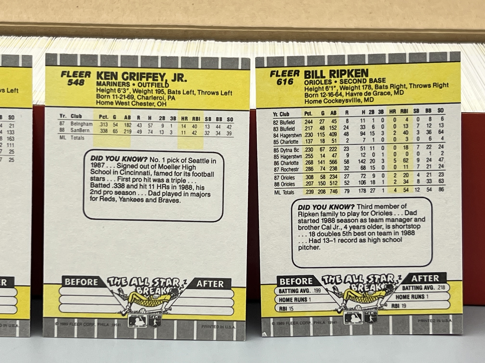 1989 Fleer Baseball Complete Set W/ Randy Johnson RC, Ken Griffey Jr. RC, & Bill Ripken FF Black Box Error