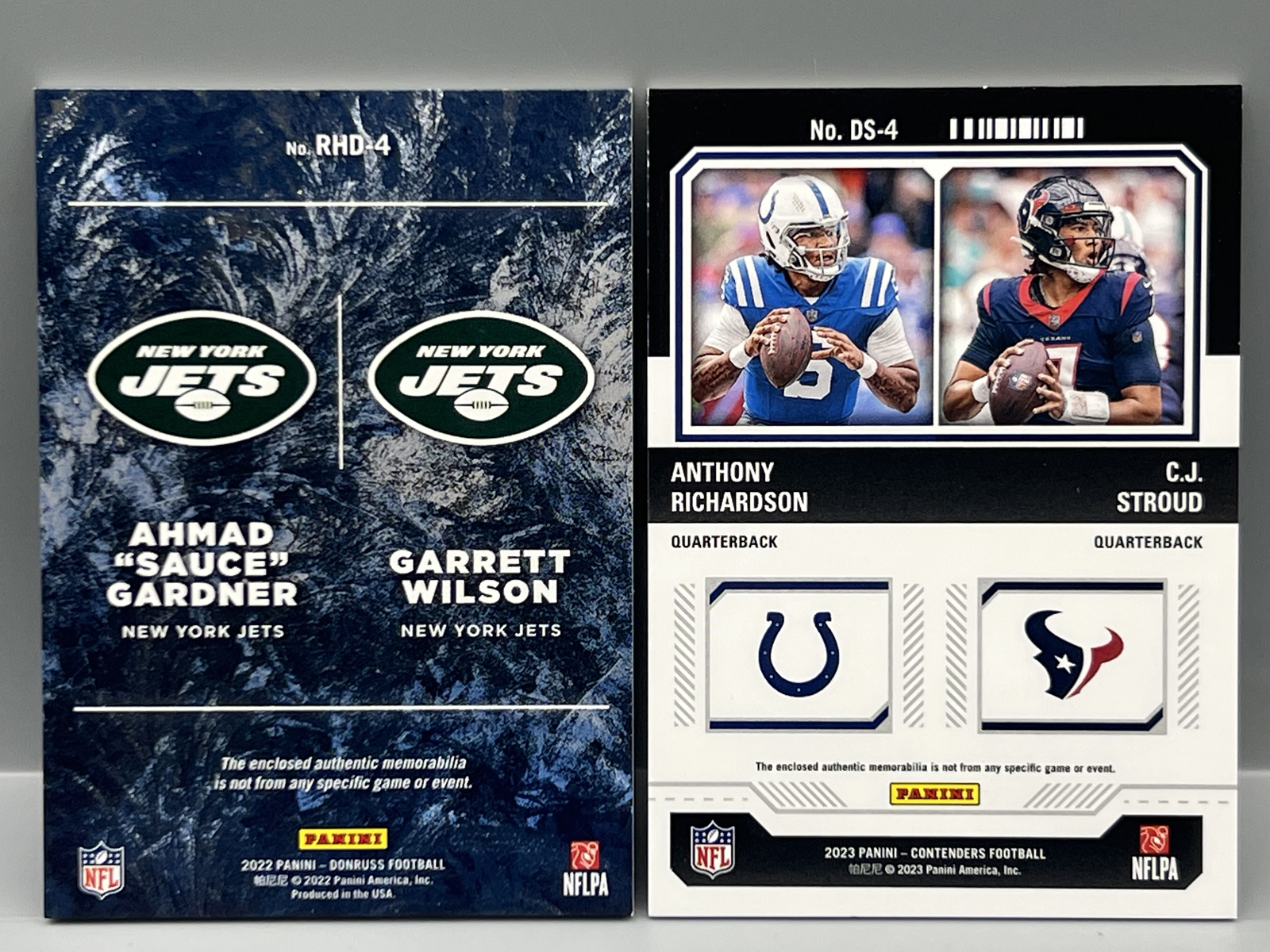 2022 Panini Donruss Sauce Gardner/Garrett Wilson Rookie Sweaters Dual Relic & 2023 Panini Contenders Anthony Richardson/CJ Stroud Dual RC Re
