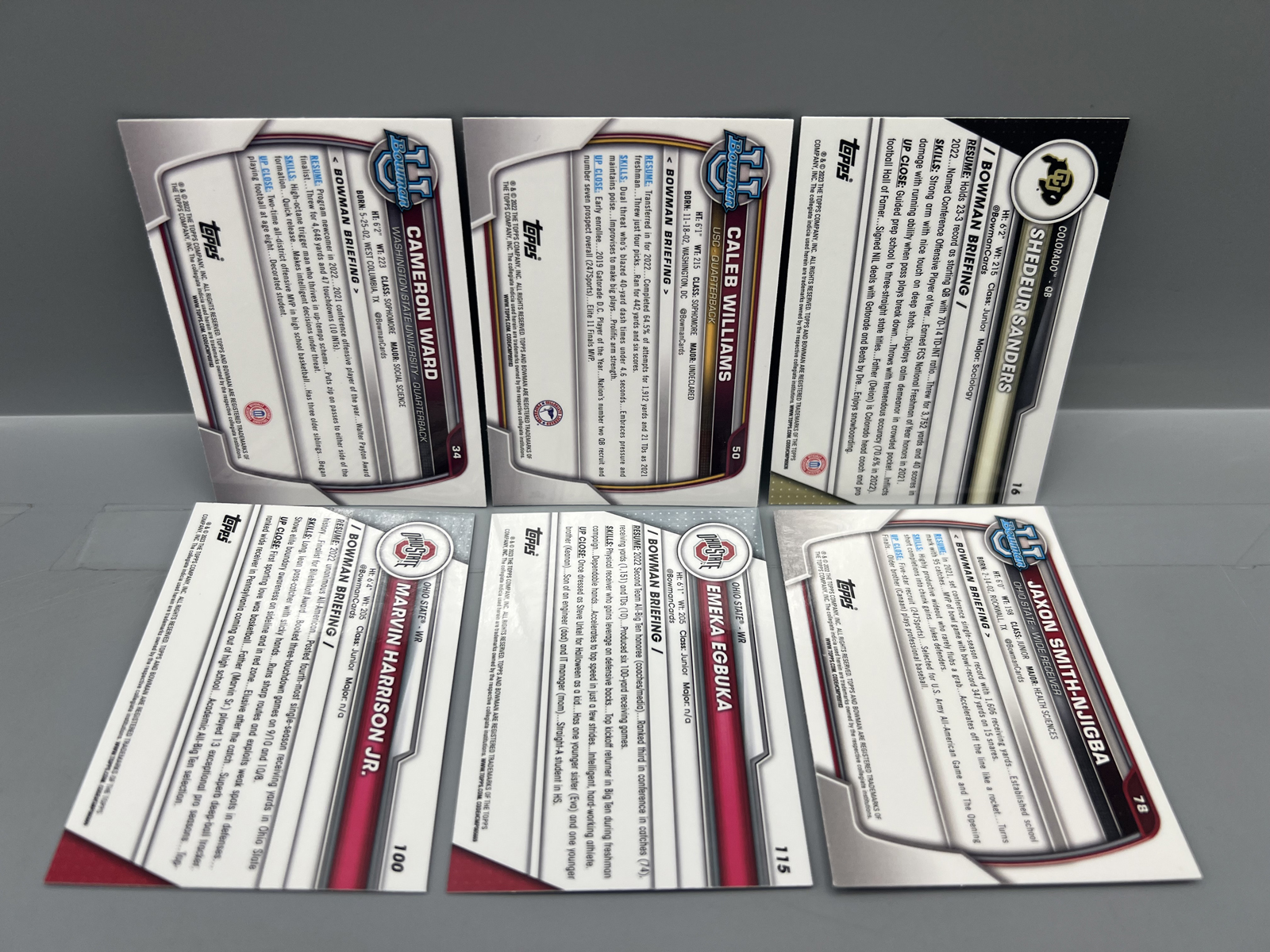 (6) 2020s Bowman University Football Star Player 1st Bowman Rookies - Cam Ward, Caleb Williams, Shedeur Sanders