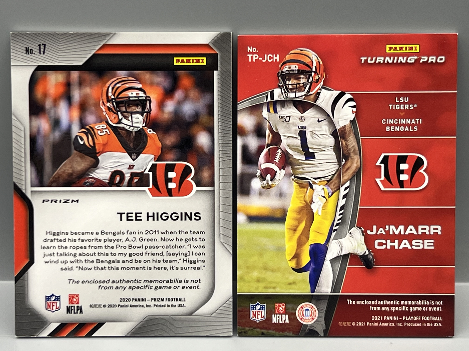 2020 Panini Prizm Tee Higgins Pink Premier RC Relic & 2021 Panini Playoff JaMarr Chase Turning Pro RC Relic