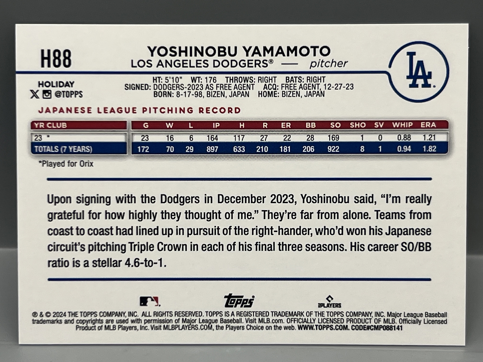 2024 Topps Holiday Yoshinobu Yamamoto RC #H88