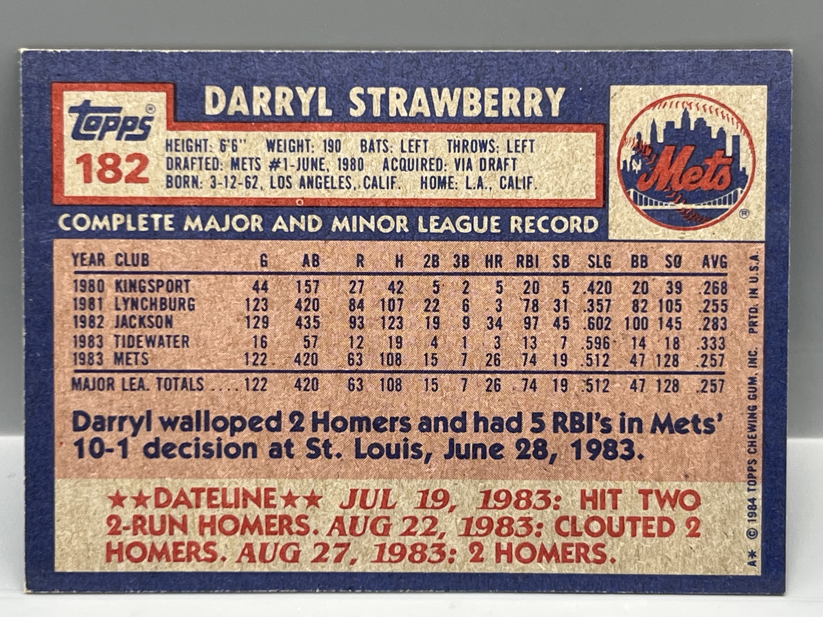 1984 Topps Darryl Strawberry RC #182
