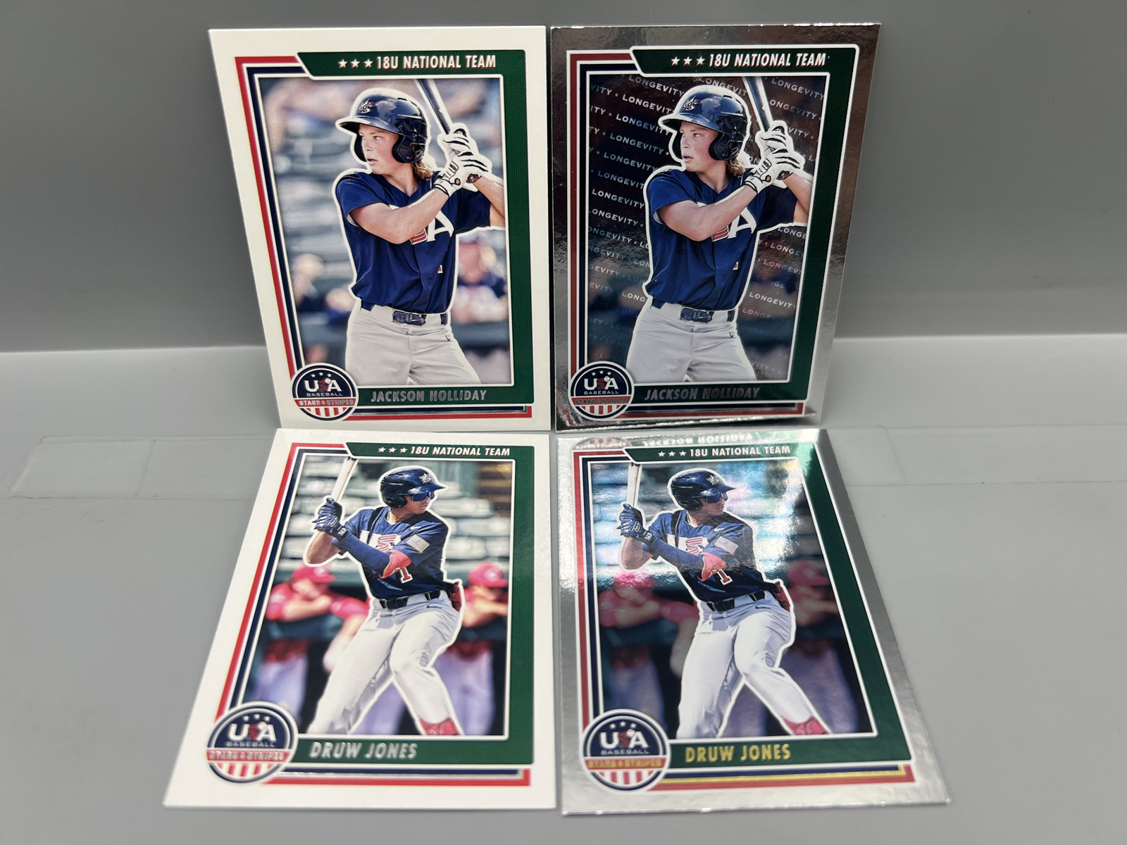(4) 2022 Panini USA Baseball Stars & Stripes Jackson Holliday & Druw Jones Cards W/ Inserts