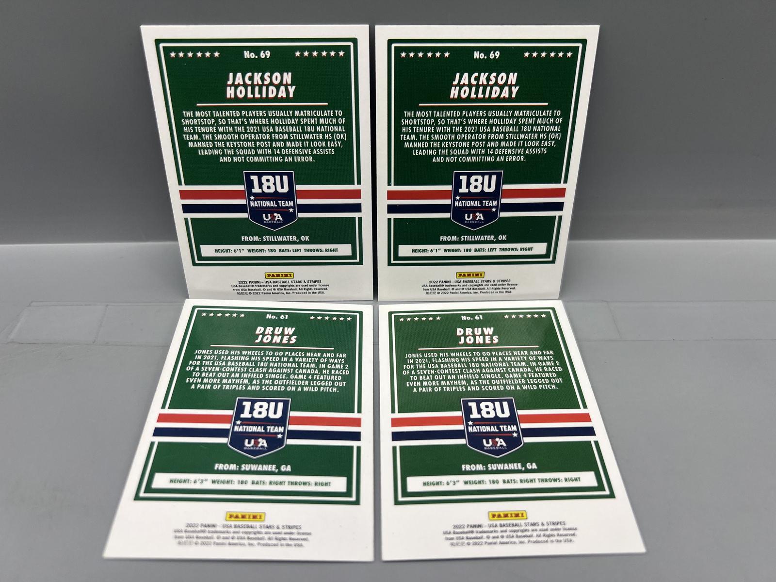 (4) 2022 Panini USA Baseball Stars & Stripes Jackson Holliday & Druw Jones Cards W/ Inserts