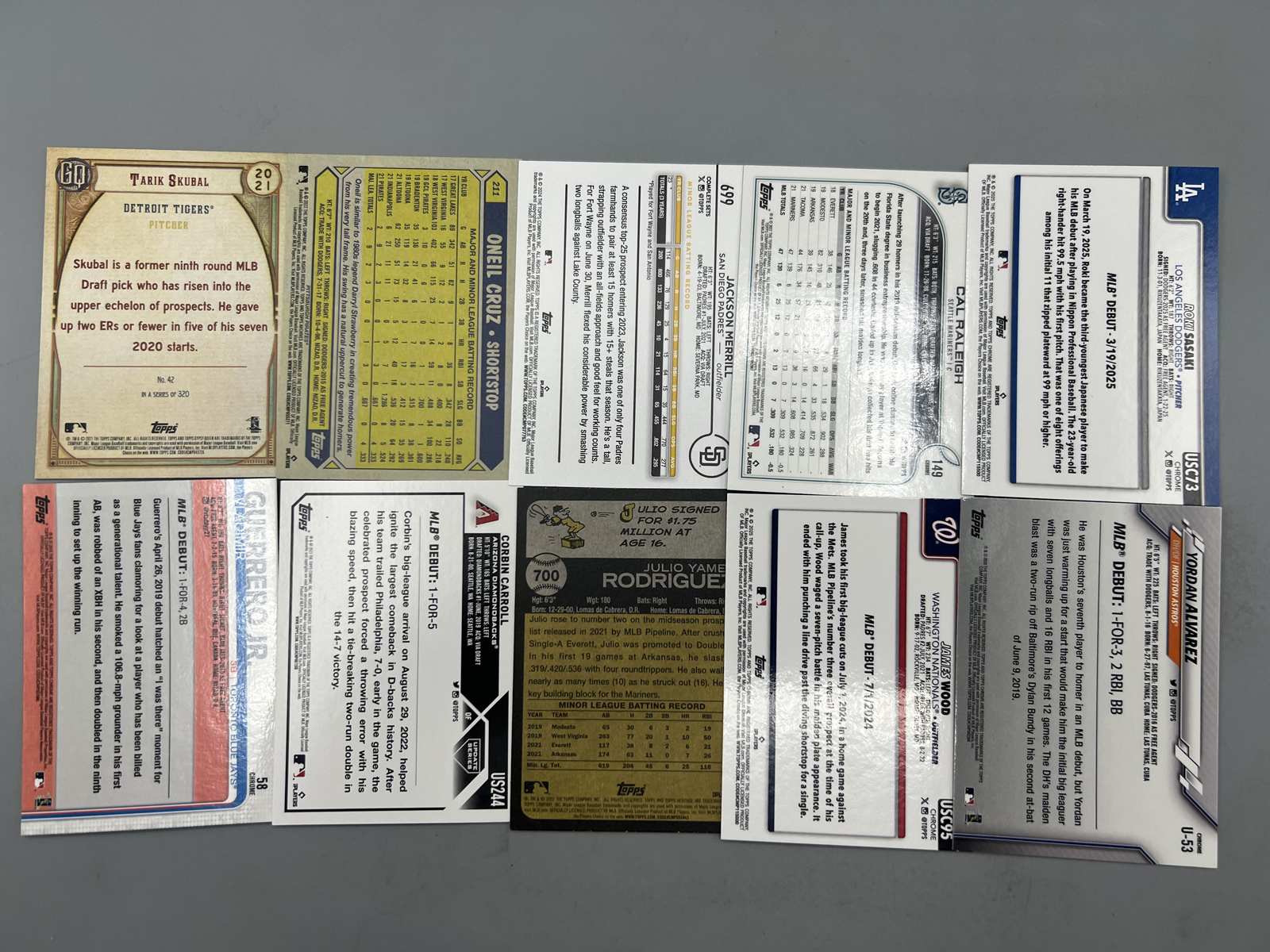 (10) Assorted Modern Baseball ookie Cards - Tarik Skubal, Jackson Merrill, Vladimir Guerrero Jr.
