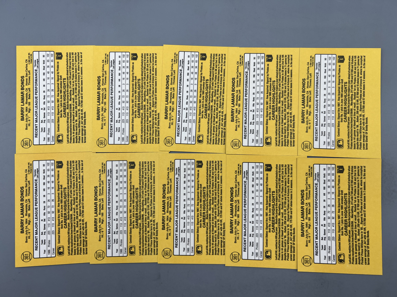 (10) 1987 Donruss Barry Bonds RCs #361