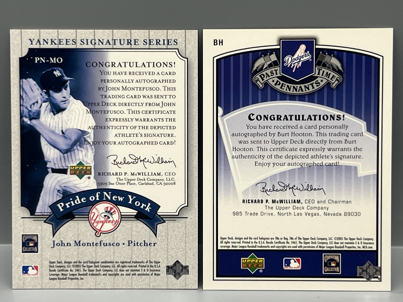 2003 Upper Deck John Montefusco Yankee Signature Series Pride of New York Auto & 2005 Upper Deck Past Time Signatures Burt Hooton Auto