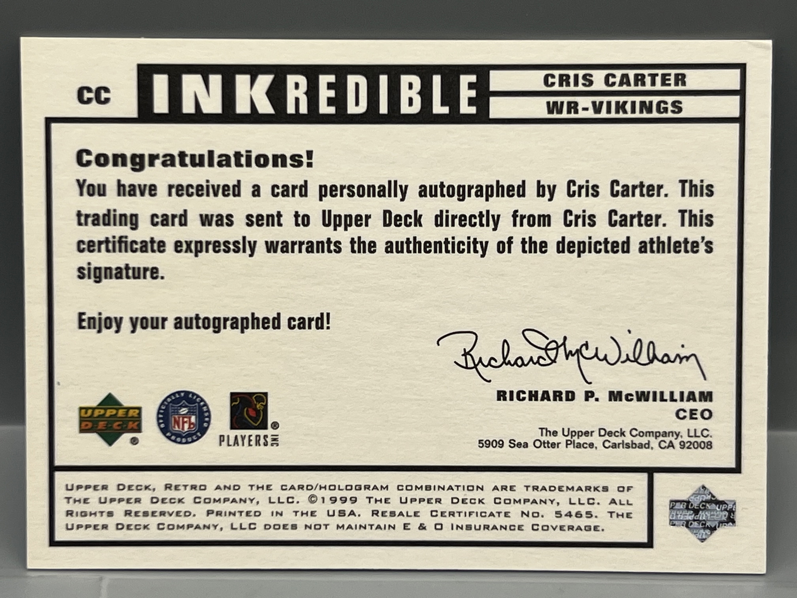 1999 Upper Deck Retro Inkredible Cris Carter On Card Auto #CC
